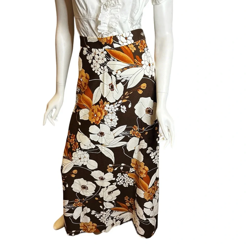 Vintage 70s F.A.Chatta Brown Floral Maxi Skirt 26 Waist - Picture 4 of 14